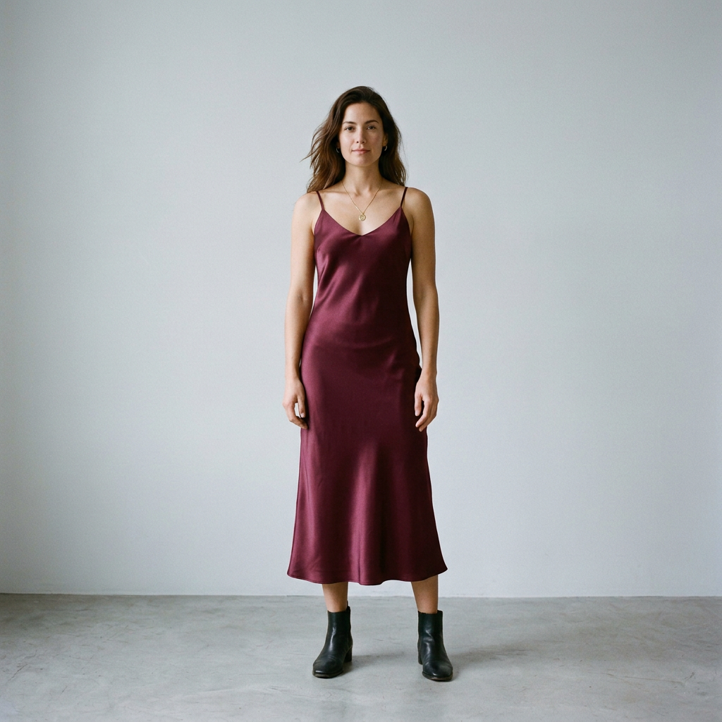 A mesma modelo vestindo Vestido midi acetinado, gerada pelo provador FitVisual